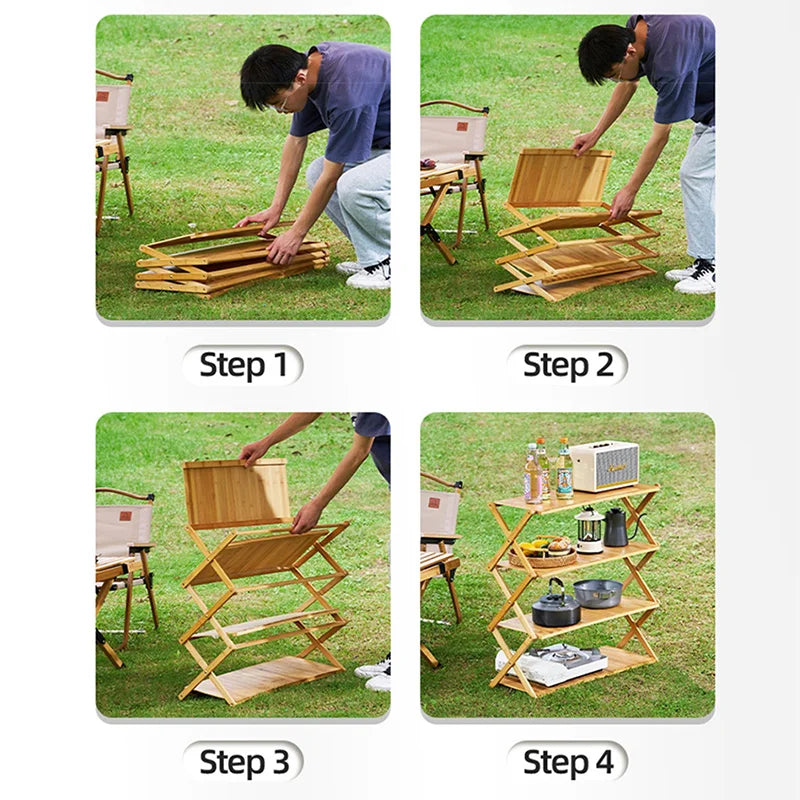 Portable Bamboo Folding Camping Shelf Rack for Outdoor Use