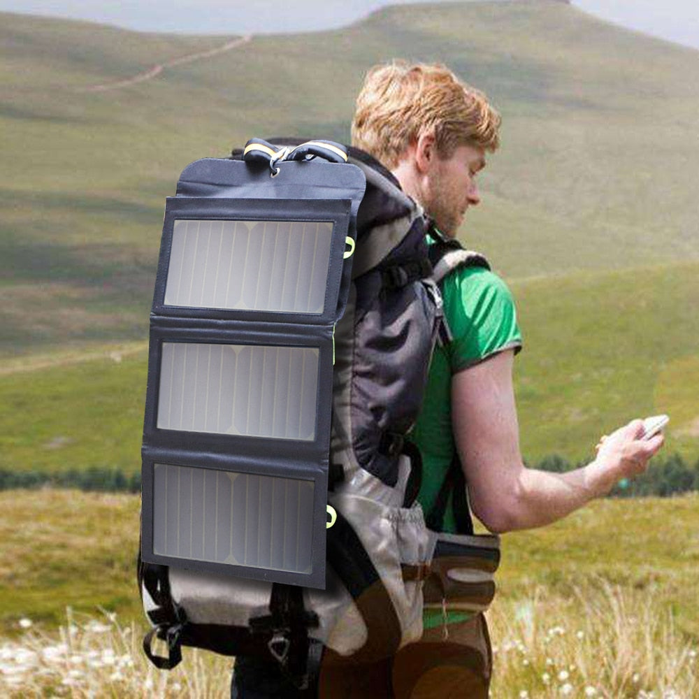 Portable Solar Charger with Dual USB, Type-C Outputs, and Waterproof Design