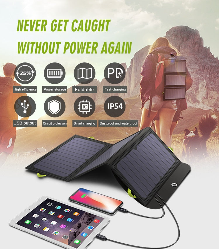 Portable Solar Charger with Dual USB, Type-C Outputs, and Waterproof Design