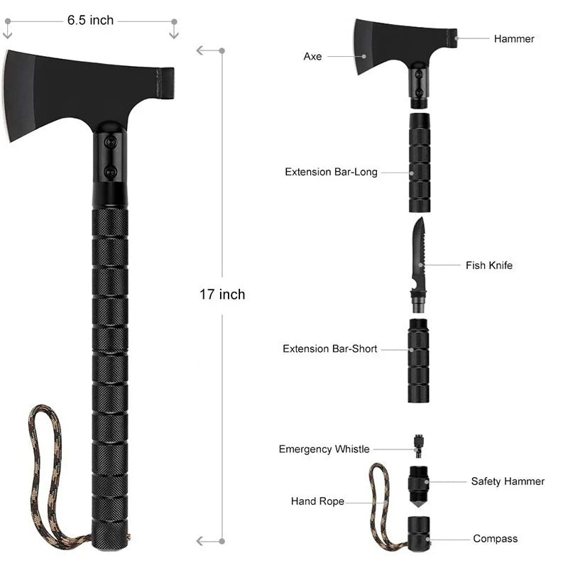 Compact Tactical Camping Axe Multi Tool Kit with Adjustable Handle - Ideal for Outdoor Activities