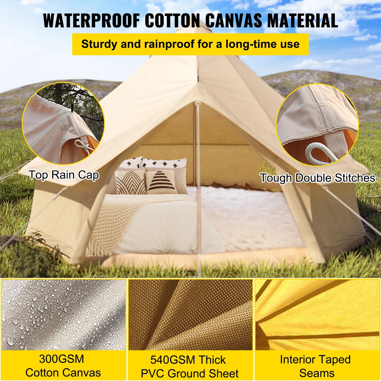 Outdoor Cotton Canvas Bell Tent with Stove Jack - 4-12 Person Family Camping Yurt