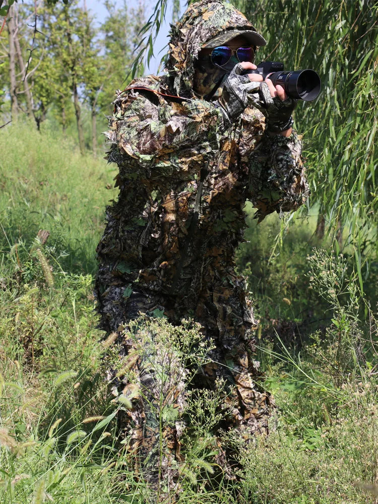 Lightweight 6-in-1 Breathable Camouflage Ghillie Suit for Men and Women with Hood and Wild Leafy Design