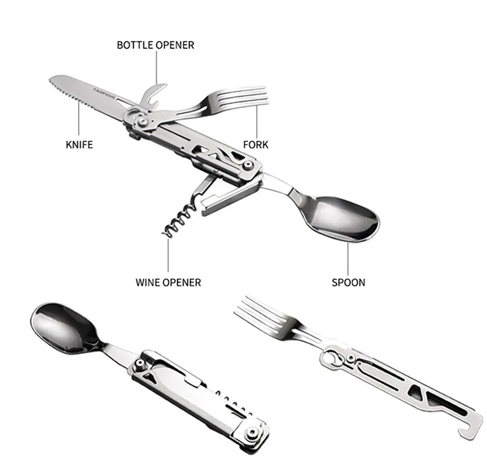 Portable Stainless Steel Outdoor Camping Cutlery Set – Knife, Fork, Spoon, Bottle Opener