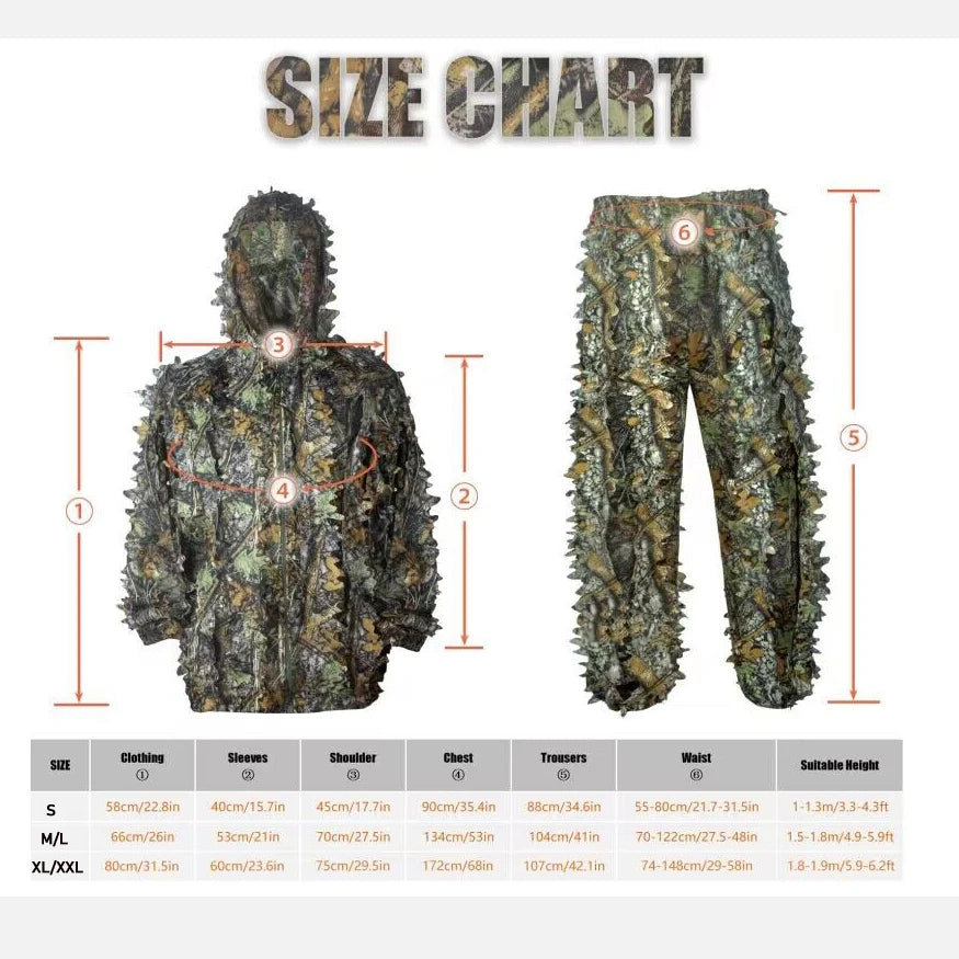 Lightweight 6-in-1 Breathable Camouflage Ghillie Suit for Men and Women with Hood and Wild Leafy Design