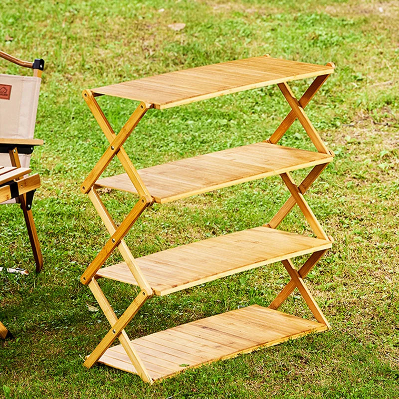 Portable Bamboo Folding Camping Shelf Rack for Outdoor Use