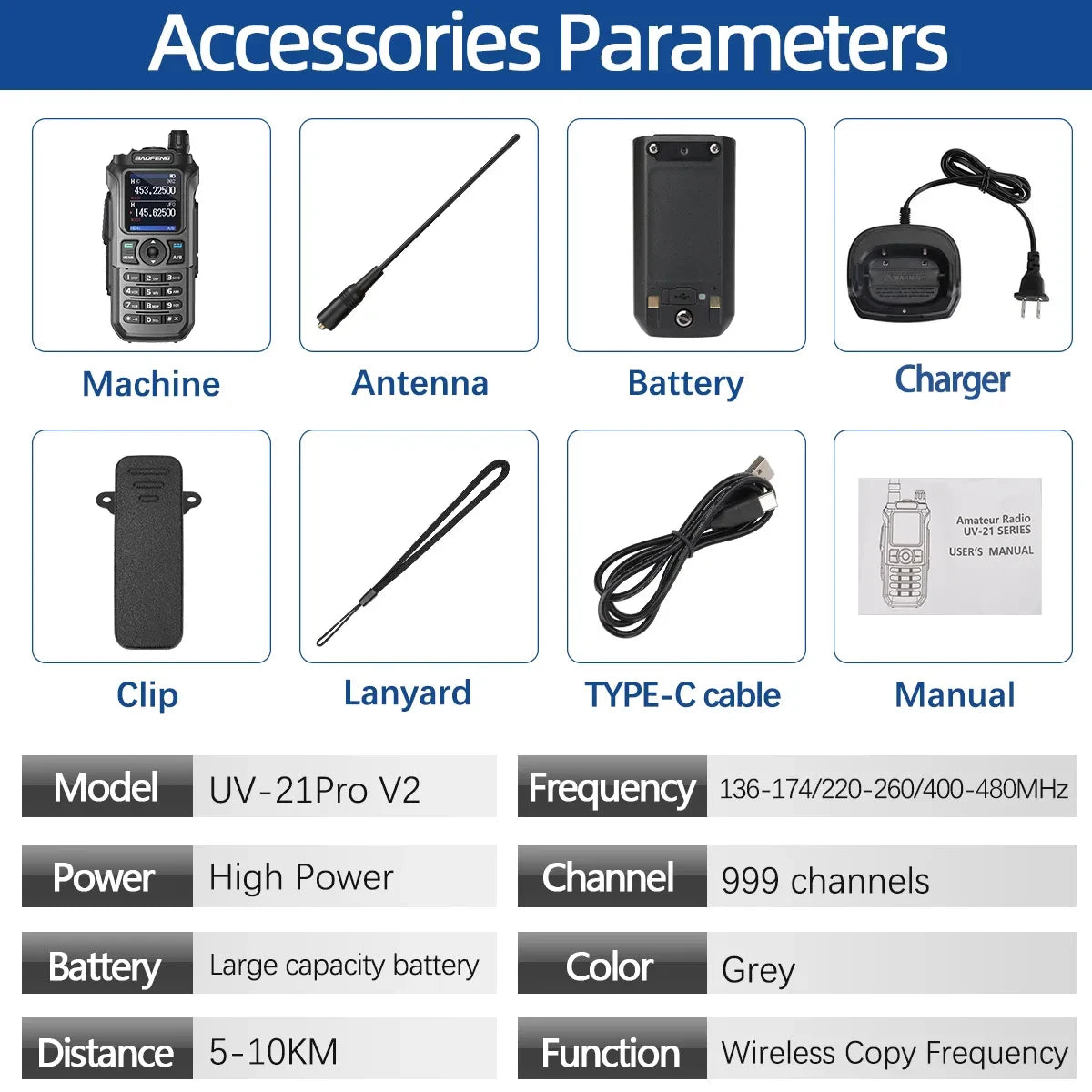 Tri-Band UV-21 Pro V2 Waterproof Long-Range Two-Way Radio with Type-C Charging and Wireless Frequency Copy