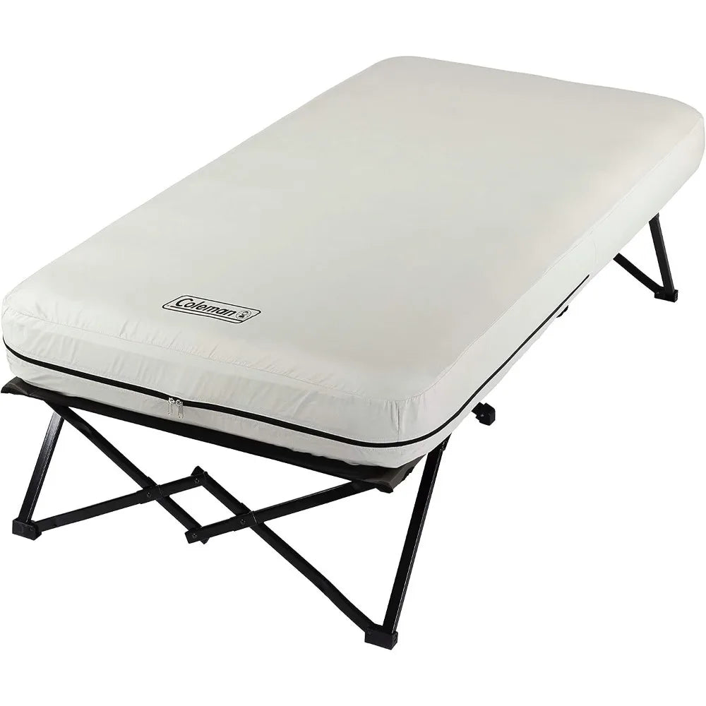 Deluxe Folding Camping Cot and Inflatable Mattress Set with Portable Pump and Side Table