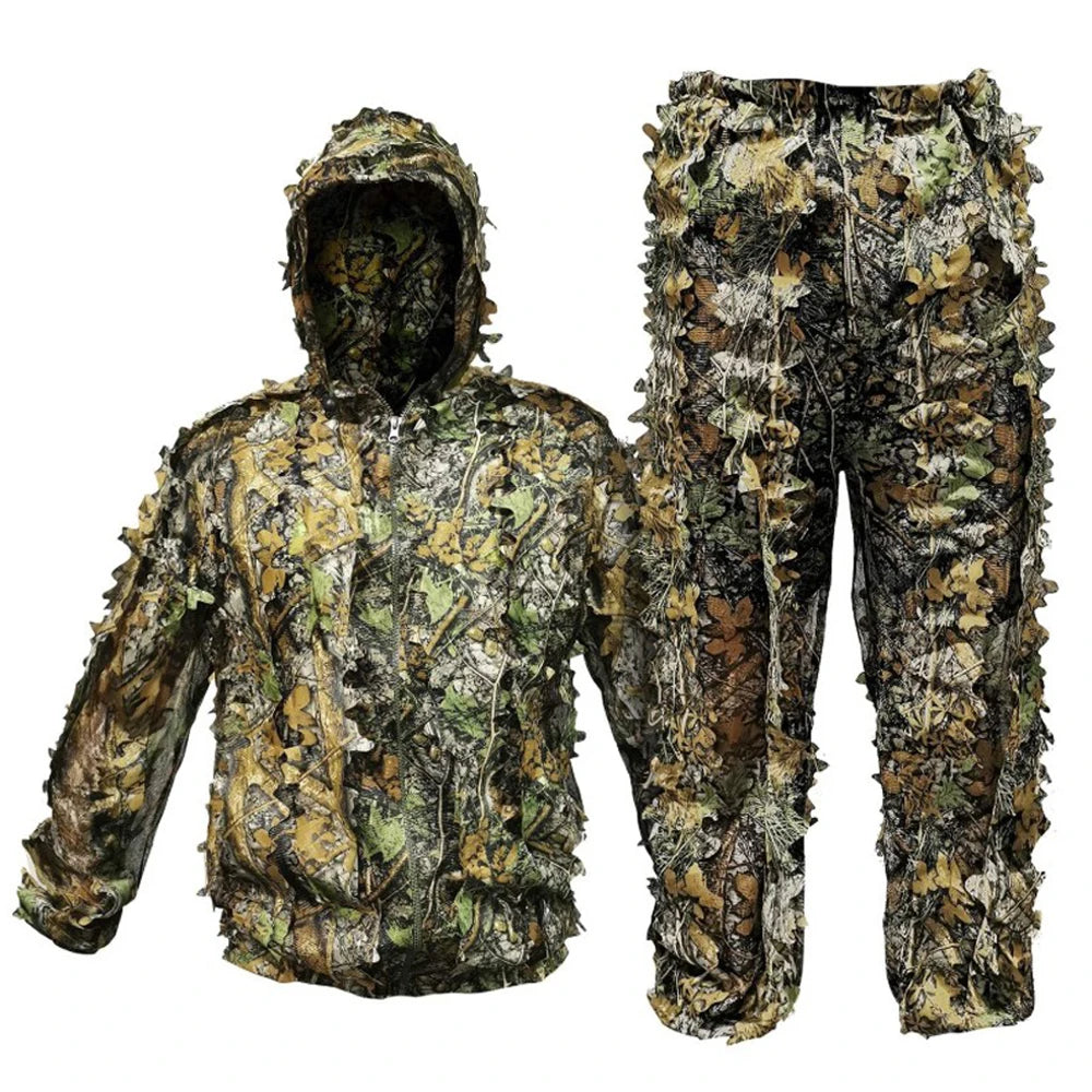 Lightweight 6-in-1 Breathable Camouflage Ghillie Suit for Men and Women with Hood and Wild Leafy Design